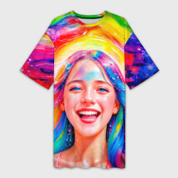 Женская длинная футболка Девушка с красочными волосами в каплях воды