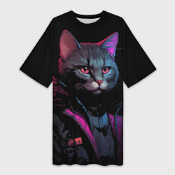 Женская длинная футболка Кот в стиле киберпанк