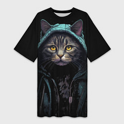 Женская длинная футболка Кот в капюшоне стиль киберпанк