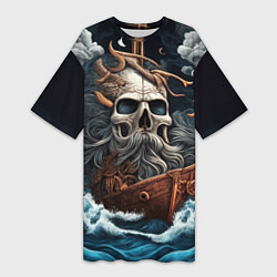 Женская длинная футболка Тату ирезуми черепа пирата на корабле в шторм