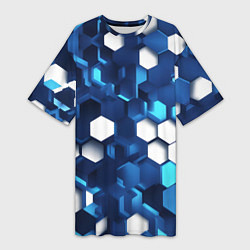 Футболка женская длинная Cyber hexagon Blue, цвет: 3D-принт