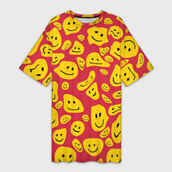 Футболка женская длинная Расплывшийся смайлик на красном, цвет: 3D-принт