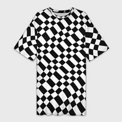 Женская длинная футболка Шахматка искажённая чёрно-белая