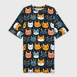 Женская длинная футболка Мордочки мультяшных котов узор