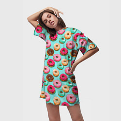 Футболка женская длинная Разноцветные пончики паттерн, цвет: 3D-принт — фото 2