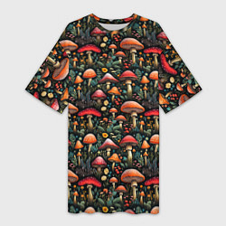 Женская длинная футболка Сказочные грибы мухоморы паттерн