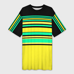 Женская длинная футболка Разноцветный черно желтый с зеленым полосатый узор