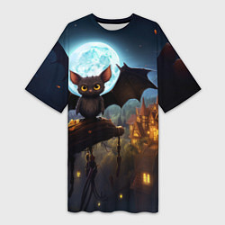 Женская длинная футболка Летучая мышка на фоне луны и замка