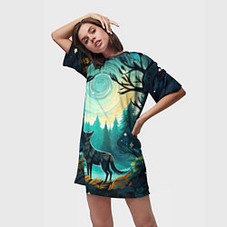 Футболка женская длинная Волк в ночном лесу фолк-арт, цвет: 3D-принт — фото 2
