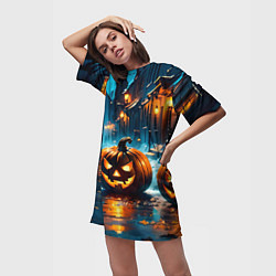 Футболка женская длинная Темная ночная улица и жуткие тыквы, цвет: 3D-принт — фото 2