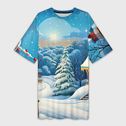 Женская длинная футболка Зимний домик и елка