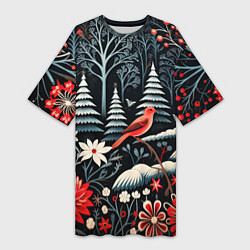 Женская длинная футболка Новогодний лес и птицы