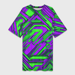 Футболка женская длинная Кибкрпанк полосы фиолетовые и зелёные, цвет: 3D-принт