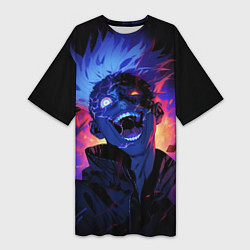 Футболка женская длинная Сатору Годжо в безумии - Магическая битва, цвет: 3D-принт