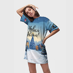 Футболка женская длинная С новым годом елка на опушке, цвет: 3D-принт — фото 2