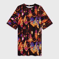 Женская длинная футболка Ловцы снов с яркими перьями