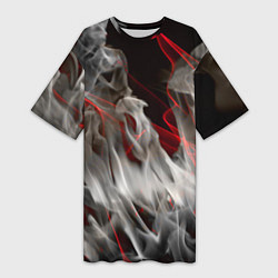 Женская длинная футболка Дым и красные узоры