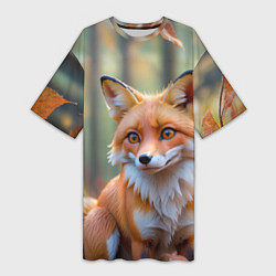 Женская длинная футболка Портрет лисы в осеннем лесу