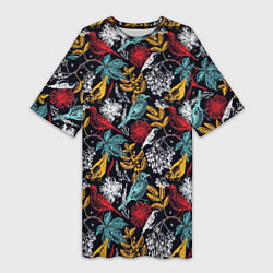 Женская длинная футболка Разноцветные лесные птицы