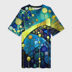 Женская длинная футболка Абстракция в жёлто синих тонах с кругами и линиями