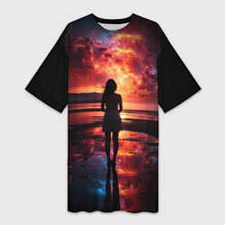 Женская длинная футболка Девушка на закате - космос