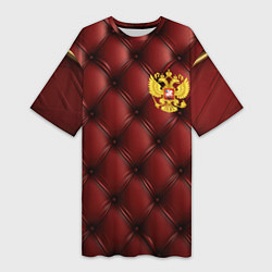 Женская длинная футболка Золотой герб России на красном кожаном фоне
