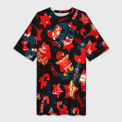 Женская длинная футболка Рождественские узоры красные