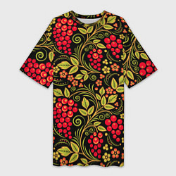 Женская длинная футболка Хохломская роспись красные ягоды