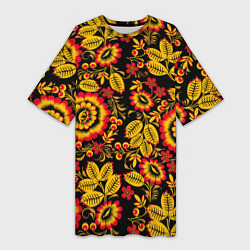 Женская длинная футболка Хохломская роспись золотистые листья и цветы чёрно