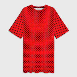 Женская длинная футболка Красный в чёрный маленький горошек