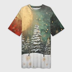 Женская длинная футболка Большая луна и новогодний лес