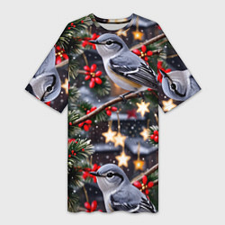 Женская длинная футболка Рождественская птица пересмешник
