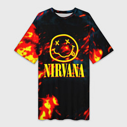 Футболка женская длинная Nirvana rock огненное лого лава, цвет: 3D-принт