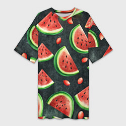 Женская длинная футболка Паттерн красные дольки арбуза