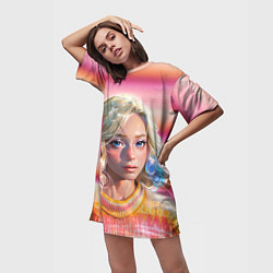 Футболка женская длинная Энид Синклер - арт и текстура розового свитера, цвет: 3D-принт — фото 2