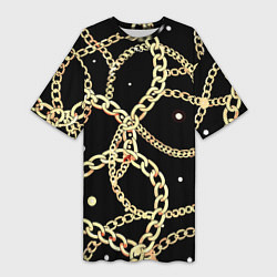 Женская длинная футболка Золотые цепи на черном - ювелирные украшения патте
