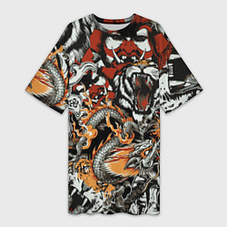 Женская длинная футболка Самурай дракон и тигр