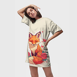 Футболка женская длинная Влюбленная лисичка в сердечках, цвет: 3D-принт — фото 2