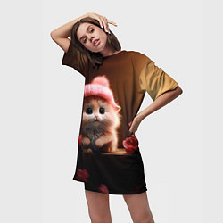 Футболка женская длинная Маленький влюбленный хомячок в шапочке, цвет: 3D-принт — фото 2