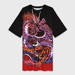 Футболка женская длинная Дракон и тигр в год дракона, цвет: 3D-принт