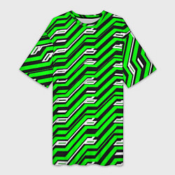 Женская длинная футболка Чёрно-зелёный линейный узор киберпанк