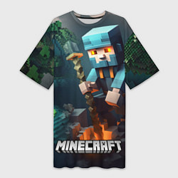 Футболка женская длинная Minecraft персонаж у костра, цвет: 3D-принт