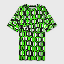 Футболка женская длинная Техно узор из шестиугольников зелёный, цвет: 3D-принт