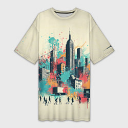 Женская длинная футболка Силуэты людей и небоскребов в брызгах краски