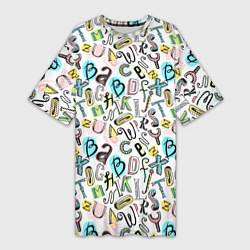 Женская длинная футболка Цветные каракули буквы алфавита