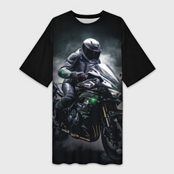 Футболка женская длинная Мотоциклист и дым, цвет: 3D-принт