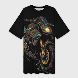 Женская длинная футболка Темный мотоцикл на черном фоне