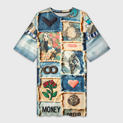 Футболка женская длинная Баксы и девушки на дениме - пэчворк, цвет: 3D-принт