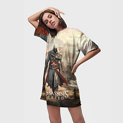 Футболка женская длинная Assassins creed старый город, цвет: 3D-принт — фото 2