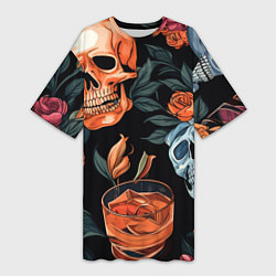 Женская длинная футболка Кусты черепов с розами и пионами